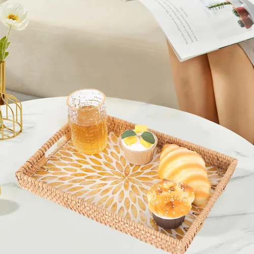 Miniatura 8 de Bandeja rectangular de ratán con incrustaciones de madreperla, bandeja de ratán con asa para café, pan, frutas, aperitivos, bandeja decorativa