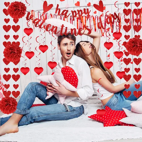 Miniatura 4 de Juego de 22 decoraciones para el día de San Valentín premontadas, espirales de corazón colgantes con texto en inglés «Happy Valentine», guirnaldas