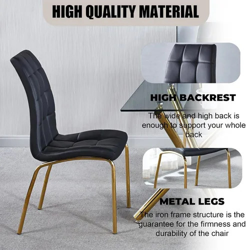 Miniatura 6 de Juego de 4 sillas de comedor de piel sintética, modernas sillas de comedor negras con patas de metal dorado y respaldo ergonómico, tapizadas