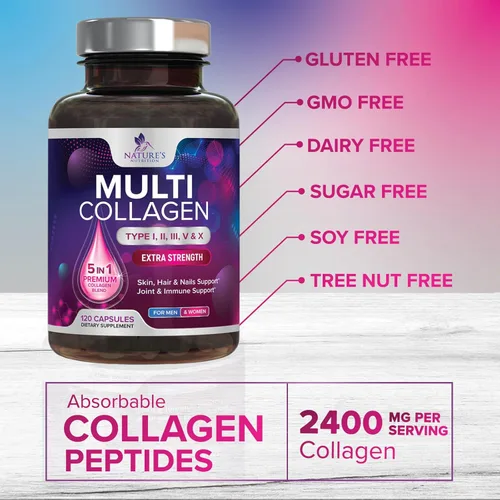 Miniatura 6 de Píldoras de colágeno múltiple de 2400 mg – Tipos avanzados I, II, III, V, X – Píldoras de péptidos de colágeno hidrolizados, suplementos de colágeno