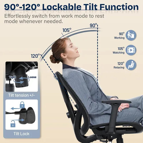 Miniatura 6 de Silla de oficina ergonómica, sillas de escritorio de malla para computadora con soporte lumbar ajustable, reposabrazos 3D, función de inclinación