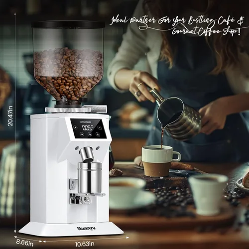 Miniatura 7 de Huanyu Molinillo de café profesional con rebaba plana de 2.913 in, tolva de frijoles de 53 onzas, 15 ajustes de molienda infinitos, molinillo