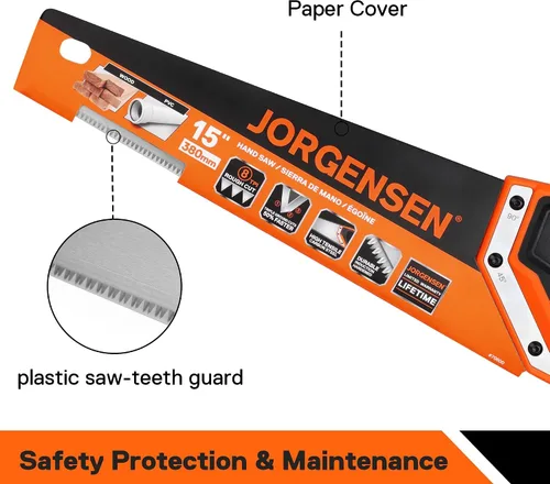 Miniatura 7 de JORGENSEN Sierra de mano profesional de 15 pulgadas, mango ergonómico de soldadura ultrasónica de aluminio antideslizante de corte fino 8 TPI