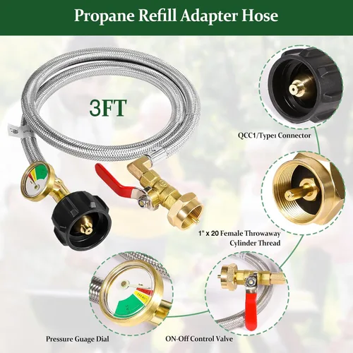 Miniatura 2 de Adaptador de Tanque de Propano para Tanques de 1 lb, Adaptador de Recarga de Tanque de Propano Mejorado de 3 PIES/36 pulgadas Manguera de Acero