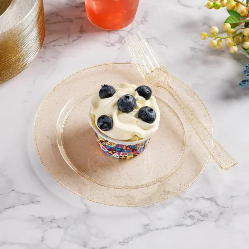 Miniatura 6 de Goodluck 240 platos de plástico de postre con purpurina dorada de 7 pulgadas con tenedores de 7.4 pulgadas, platos dorados para aperitivos para 120