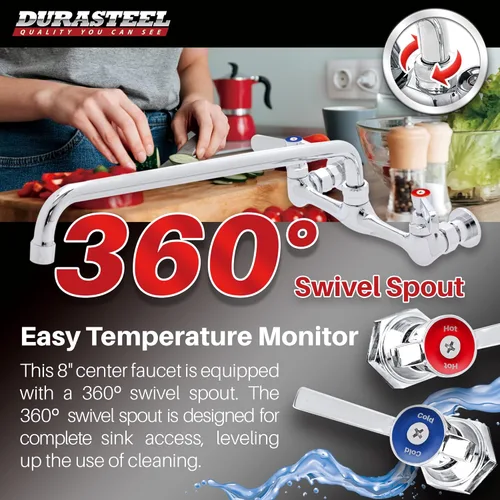 Miniatura 4 de DuraSteel Grifo de Fregadero de Cocina Comercial - Sin Plomo de 8" de Centro para Montaje en Pared, Grifo de Fregadero Utilitario con Caño Giratorio