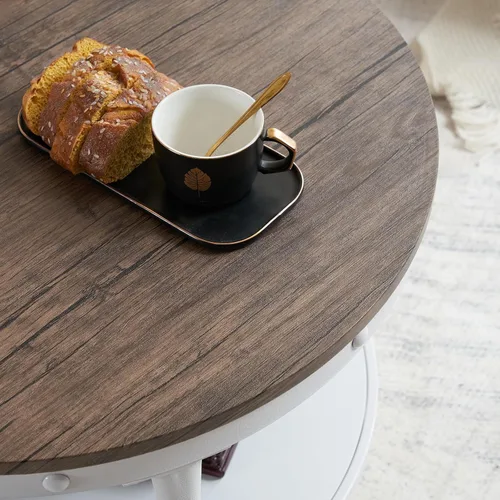 Miniatura 4 de VINGLI - Mesa de café de granja redonda de nogal oscuro y blanco de 25.6", mesa de centro con 2 estantes de almacenamiento para sala de estar