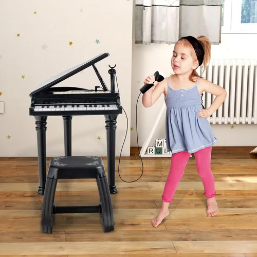 Miniatura 9 de HONEY JOY Piano clásico para niños, mini piano de cola de juguete de 31 teclas con soporte de música y taburete, piano electrónico portátil