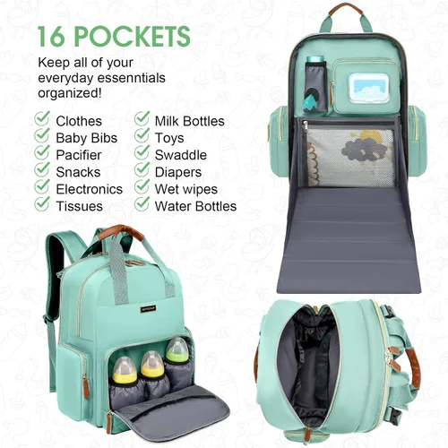 Miniatura 2 de Mochila para pañales con cambiador, organizador de bolsas de pañales para mamás, papás, bolsas cambiadoras grandes para bebés Verde claro