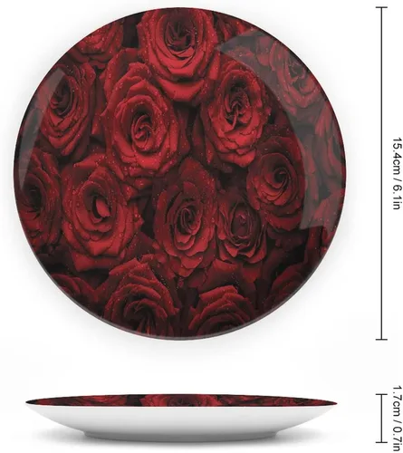 Miniatura 2 de Placa decorativa de 8 pulgadas, artesanía de cerámica roja oscura, rosas rojas con gotas de agua, placa de exhibición de cerámica para adornos Rojo