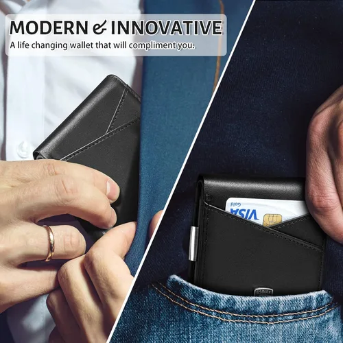 Miniatura 72 de GSOIAX Cartera delgada de cuero plegable RFID para hombre, billetera minimalista con bolsillo frontal con clip para dinero, 12 ranuras para Negro