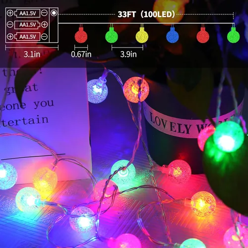 Miniatura 6 de Luces que cambian de color alimentadas por baterías, paquete de 2 unidades en total de 66 pies, 200 luces LED coloridas con control remoto, 8 modos