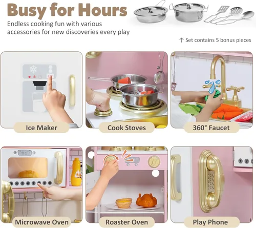 Miniatura 2 de TODEFULL Juego de cocina de madera para niños, modernos juegos de cocina de madera con estufa de cocina, horno, microondas y máquina de hielo