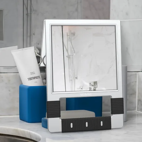 Miniatura 4 de TASALON Espejo de mano irrompible, plateado, rectangular, soporte de mesa, marco de ABS, espejo de mano para barbero, salón, maquillaje, ducha Plata