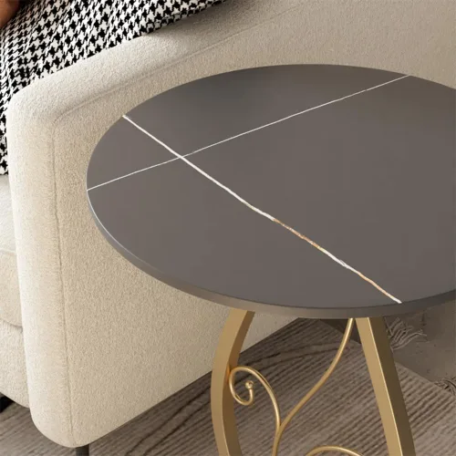 Miniatura 4 de Mesa auxiliar redonda bohemia para sala de estar, mesas auxiliares de escritorio de mármol natural con base floral de metal minimalista bohemio