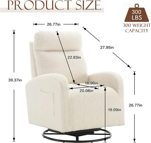 Miniatura 2 de Silla giratoria moderna, mecedora tapizada para guardería, cómoda silla mecedora con respaldo alto con bolsillo lateral y reposacabezas para sala