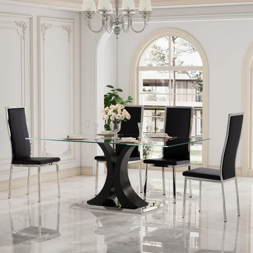 Miniatura 18 de Moderno juego de mesa de comedor rectangular de vidrio para 4, 63 pulgadas, mesa transparente de cocina de lujo con base negra y dorada, 4 sillas