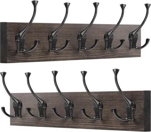 Miniatura 8 de IBosins Perchero de pared de 34'' con 10 ganchos tri-decorativos, colgador de abrigos de madera resistente, barra de ganchos rústicos para entrada
