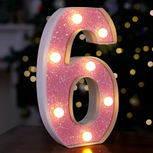 Miniatura 11 de Letras con luces LED, letras de marquesina con brillantina rosa, letras del alfabeto, letreros iluminados por pilas, para decoración de fiestas