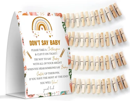 Miniatura 18 de Juego de texto en inglés "Don't Say Baby", un letrero de 5 x 7 pulgadas y 50 mini pinzas para la ropa, juegos de baby shower, decoración de baby