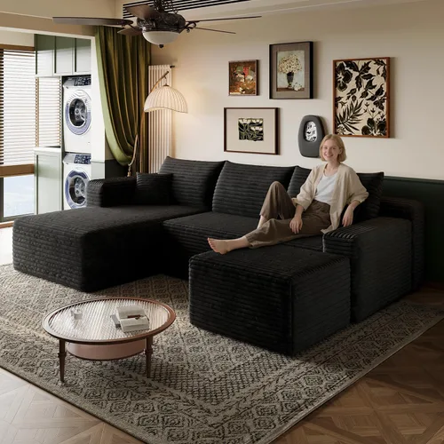 Miniatura 32 de Sofá modular en forma de L de 96 pulgadas con diván, moderno y cómodo sofá de pana para sala de estar, sofá de espuma viscoelástica, no requiere