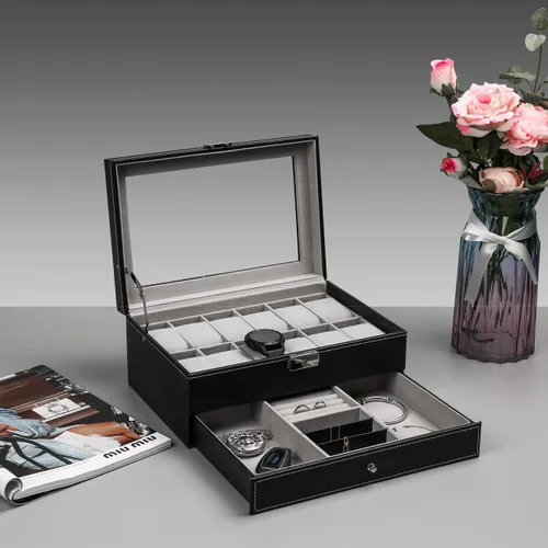 Miniatura 2 de Ogrmar Cajas de almacenamiento de reloj de piel sintética con 12 ranuras, para hombres y mujeres, estuche organizador de 2 niveles con tapa