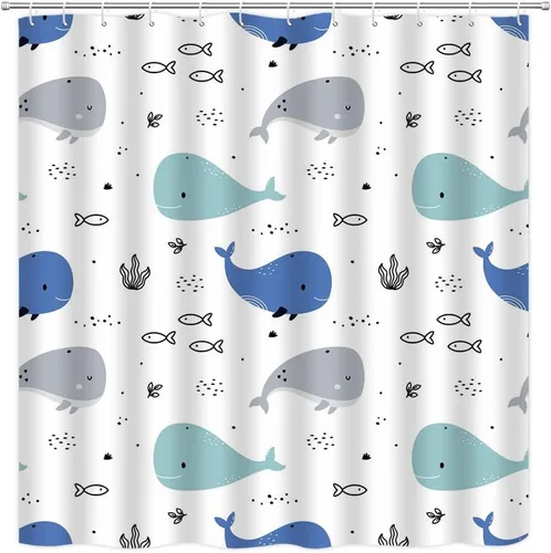 Cortina de ducha de ballena de dibujos animados, lindo animal oceánico, azul y gris, diseño abstracto de peces náuticos, divertido para niños y