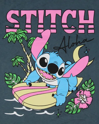 Miniatura 3 de Disney Junior Lilo & Stitch Aloha Stitch Surfing with Palm Trees and Flowers Graphic Camiseta