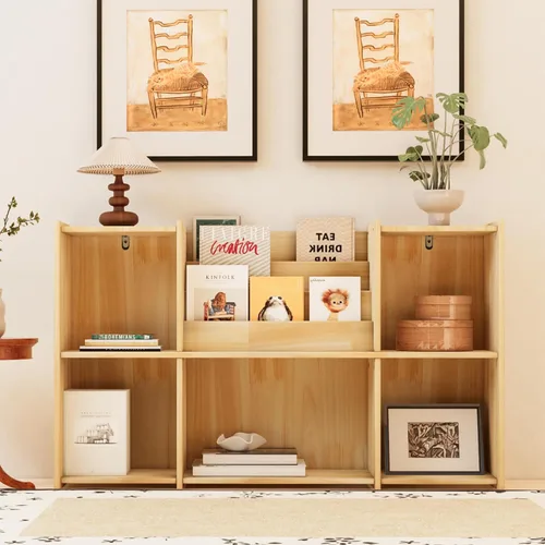 Miniatura 7 de Estantería de madera, estantería horizontal de perfil bajo de 2 niveles con organizador de almacenamiento, madera certificada FSC, estante