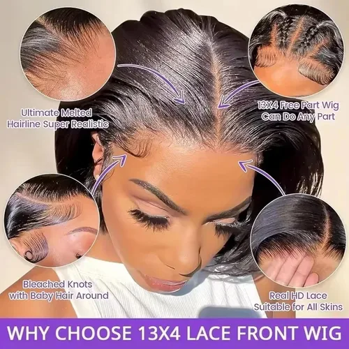 Miniatura 5 de Hoacon Peluca Bob de pelo humano 13x4 con encaje frontal para mujeres negras, peluca HD con encaje frontal de pelo humano, sin pegamento, Negro