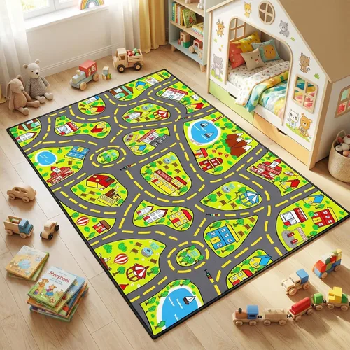 Miniatura 13 de Alfombra de juego para niños (2.6 x 5 pies), 2 unidades, alfombra de carretera para niños, alfombra de mapa de ruta de la ciudad, alfombra