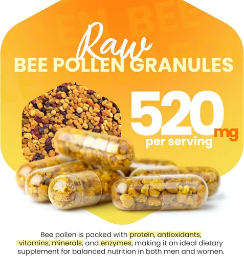 Miniatura 2 de HONEYBEEZONE Gránulos de polen de abeja 100% crudo en 60 cápsulas vegetales - Alto en complejo B esencial para el metabolismo y la energía - Sin