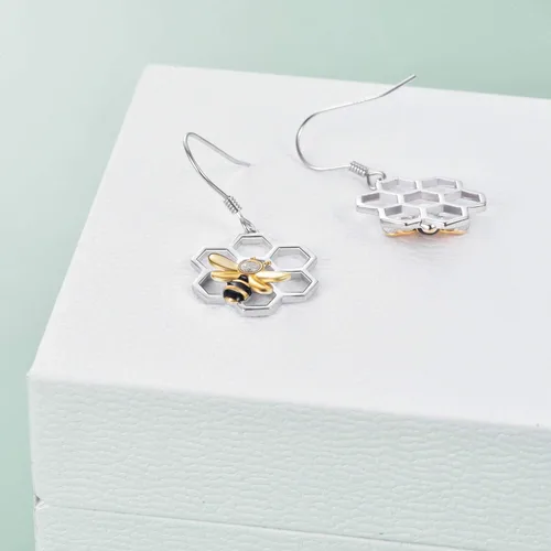 Miniatura 3 de LUHE Aretes de panal con abeja, plata de ley 925, aretes de abeja y colmena para mujer (aretes de abeja)