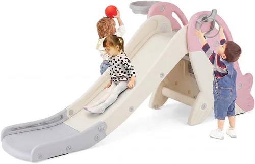 Miniatura 13 de BABY JOY Tobogán plegable para niños pequeños, juego independiente de escalador para bebés con aro de baloncesto, juego de tobogán para niños