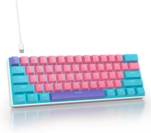 Miniatura 18 de Teclado mecánico portátil 60 % para juegos, teclado de oficina mini compacto con retroiluminación LED azul hielo de 61 teclas con cable, interruptor