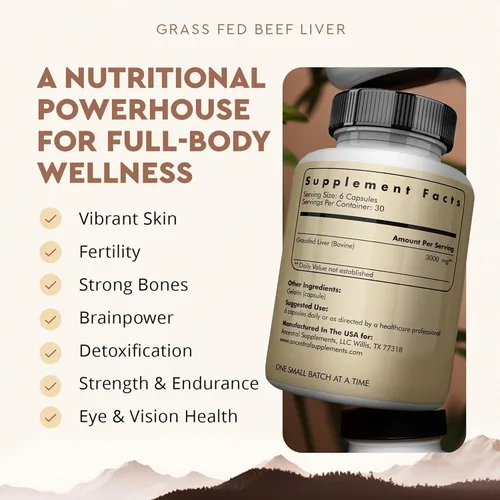Miniatura 2 de Ancestral Supplements Hígado vacuno alimentado con pastura (disecado). Hierro natural, vitamina A, B12 para energía (180 Cápsulas)