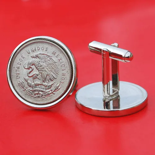 Miniatura 3 de Mexico 1950 25 Centavos 30% Silver Coins Eagle Snake Scale Liberty Cap Cufflinks NEW