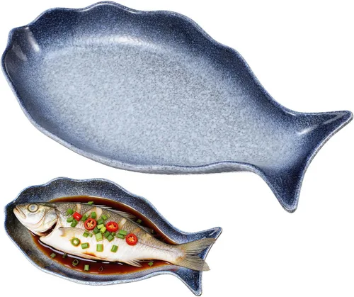 Cabilock Plato de cerámica con forma de pescado de 12 pulgadas, plato de pescado al vapor de porcelana azul, plato profundo de mariscos para sushi y