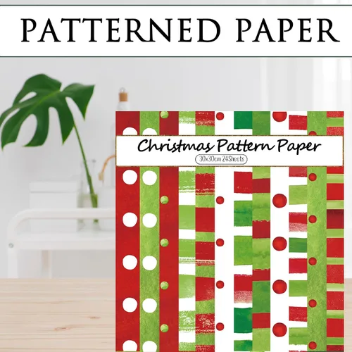 Miniatura 4 de Whaline 24 piezas de papel con patrón de acuarela de Navidad rojo y verde, papel especial a rayas de lunares de doble cara para manualidades