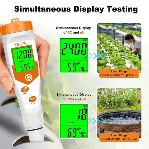 Miniatura 2 de Probador de pH hidropónico EC, pantalla simultánea pH ppm para agua de depósito base, monitoreo continuo de temperatura de conductividad de pH. ppm