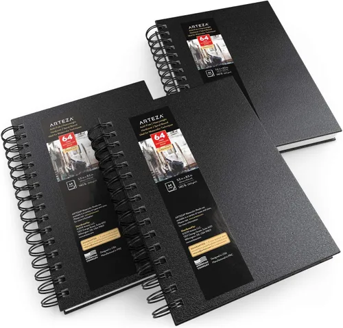 ARTEZA Juego de cuaderno de bocetos de acuarela, paquete de 3, 64 páginas por libro, 5.5 x 8.5 pulgadas, cuadernos de espiral de tapa dura negra,