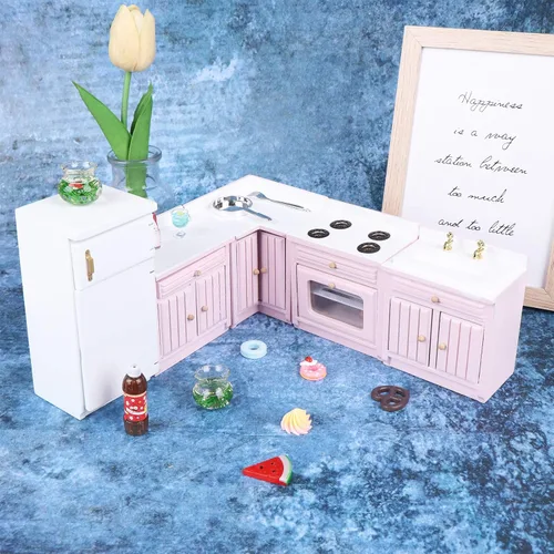 Miniatura 4 de Kit de muebles de cocina para casa de muñecas 1:12, casa de muñecas en miniatura, armario de cocina, juego de nevera, muebles de comedor para casa