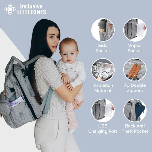 Miniatura 4 de Mochila para pañales para bebé, cambiador adicional, gran capacidad, puerto USB, funda para chupete, mosquitera y bolsa de toallitas Elegante
