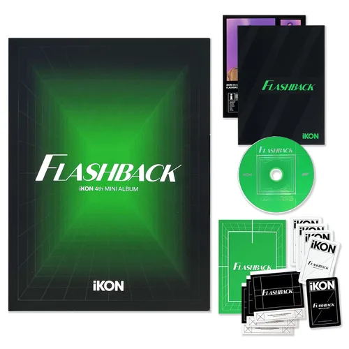 iKON - 4º Mini álbum FLASHBACK PHOTOBOOK-VERDE ver. Juego de postales para fotolibros + calcomanía para fotos + juego de Polaroid + juego de tarjeta