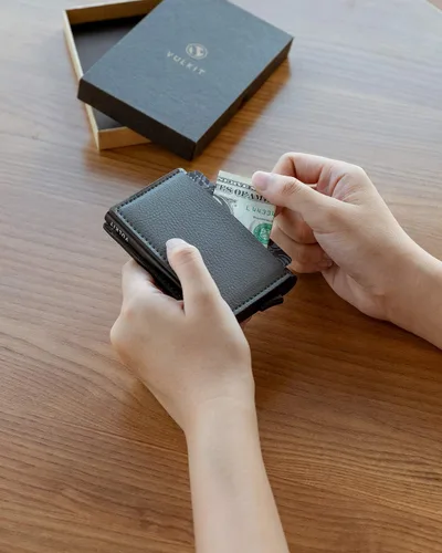 Miniatura 6 de VULKIT Tarjetero RFID Bloqueo de Cuero Automático Pop Up Cartera Aluminio Slim Pocket Tarjeta de Visita