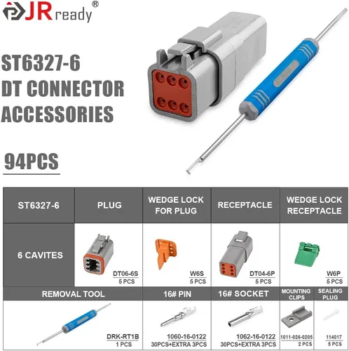 Miniatura 2 de JRready Kit de conectores Deutsch DT de 6 pines gris, serie DT, 5 juegos, impermeables, tamaño 16, contactos estampados 14-18AWG para coche, camión