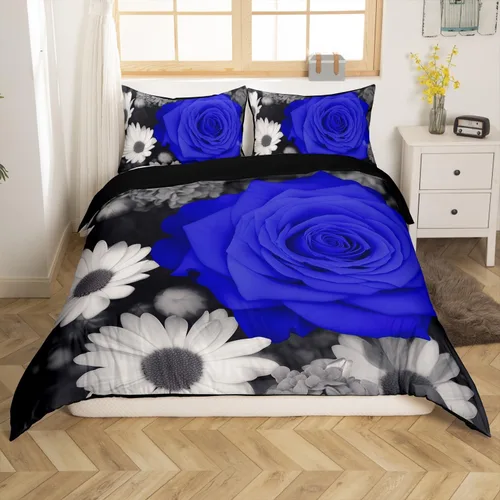 Miniatura 9 de Juego de funda de edredón de rosa roja, tamaño matrimonial, juego de ropa de cama floral color rojo degradado y negro para niñas, mujeres, niños