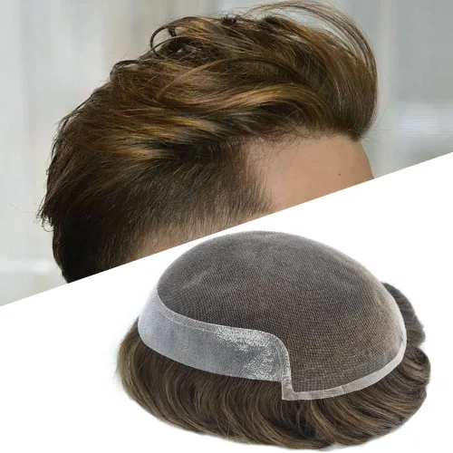 Miniatura 57 de Tupé de encaje suizo para hombres, piezas de cabello humano real, encaje frontal, sistema de reemplazo de cabello tipo tupé, nudo blanqueado, línea