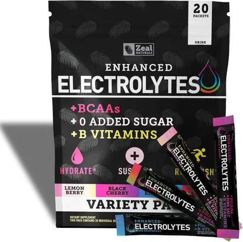 Miniatura 11 de Paquetes de electrolitos mejorados en polvo (fresa y kiwi 20 paquetes) con 0 azúcar+BCAA + suplemento de electrolitos de vitaminas B con zinc