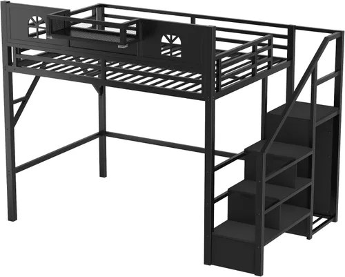 Miniatura 7 de SOFTSEA Cama tipo loft de metal completo con escaleras y armario, cama alta para niños con barandillas en forma de casa y estantes de Negro